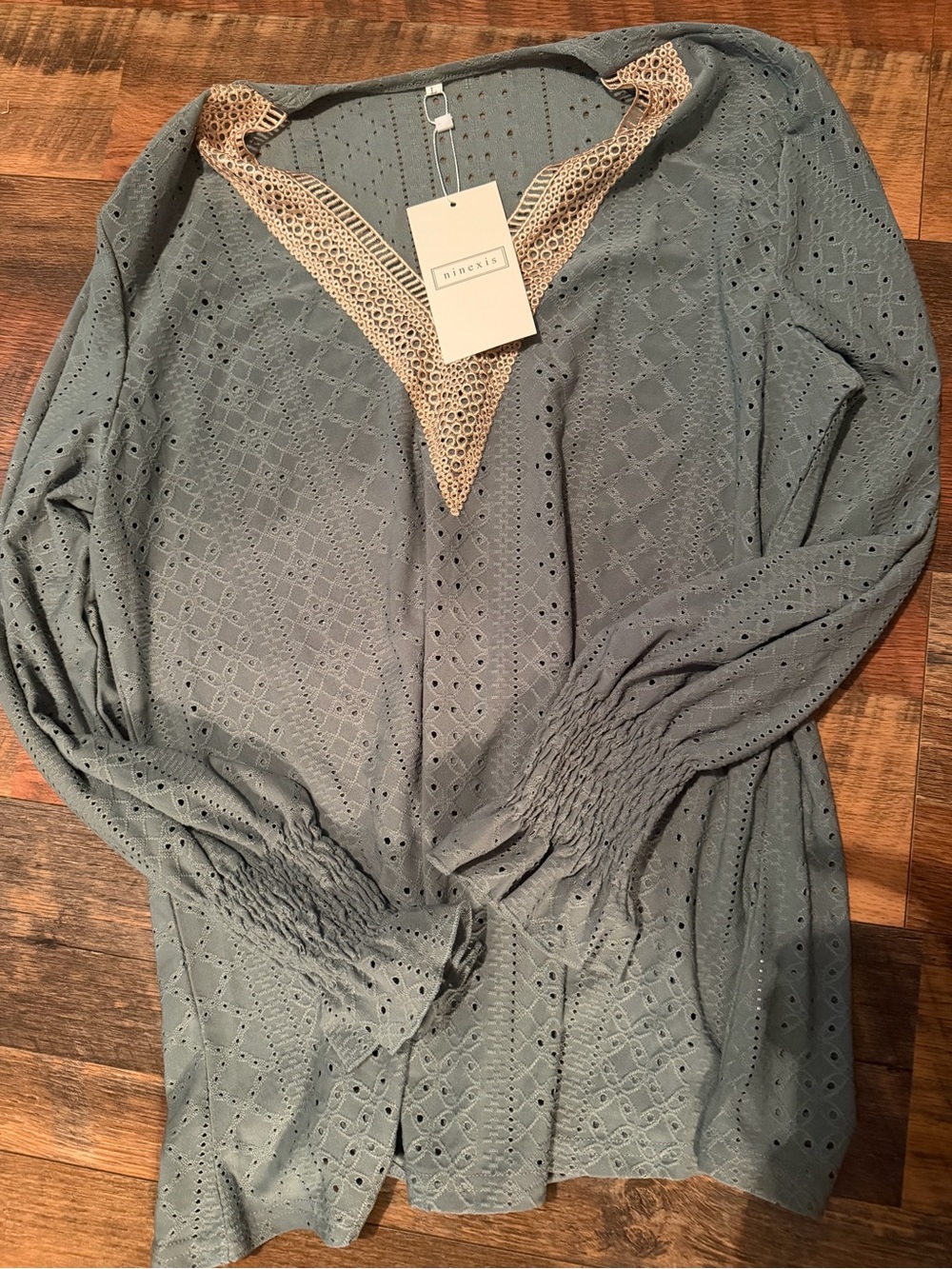 Eyelet Tunic with Crochet V-Neck - dusty blue